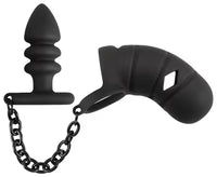 Cage à bite en velours noir avec plug anal