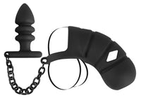 Cage à bite en velours noir avec plug anal