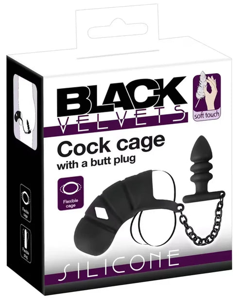 Cage à bite en velours noir avec plug anal