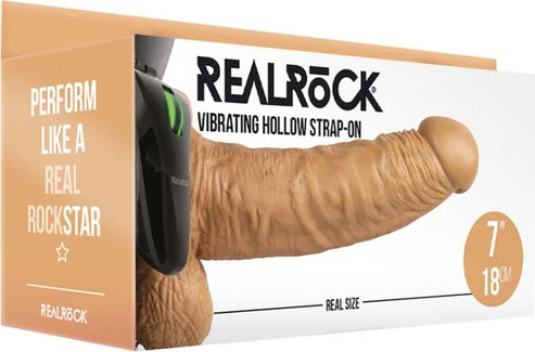 Shots - RealRock Vibrating Hollow Strap-On with Balls - 18 cm Tan