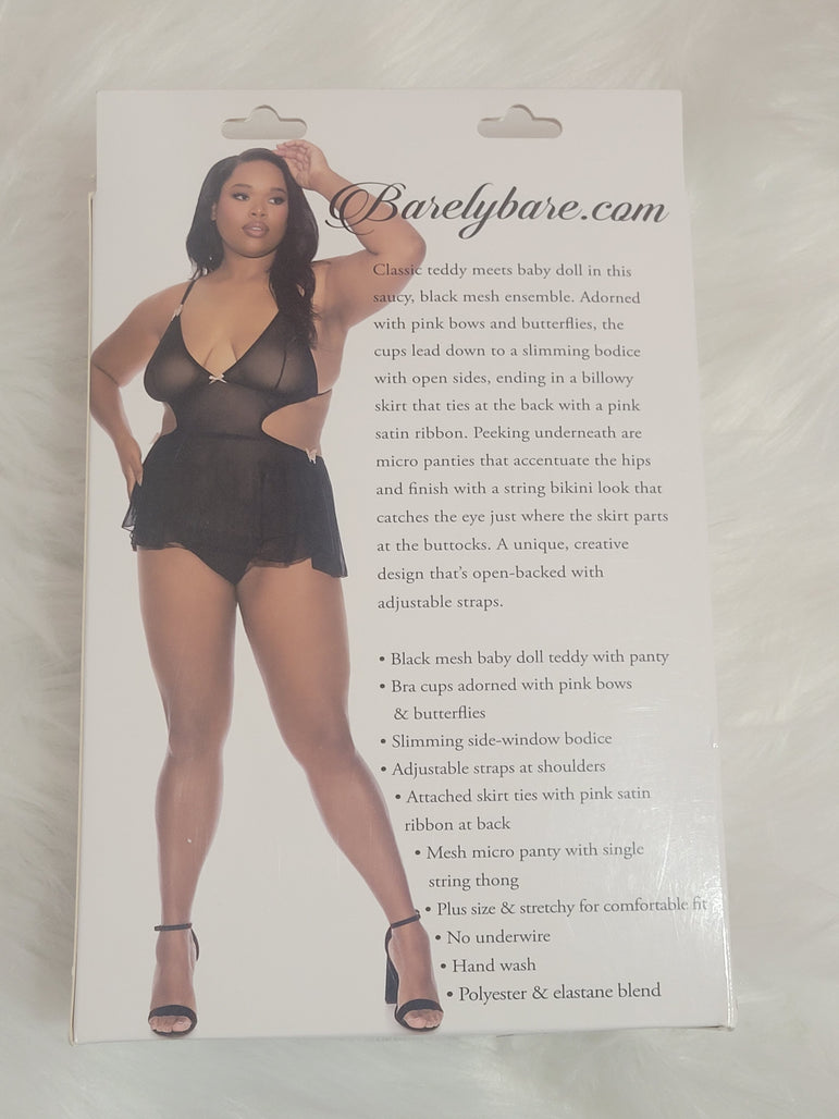Barely Bare- Tie black baby doll teddy & thong- Plus size