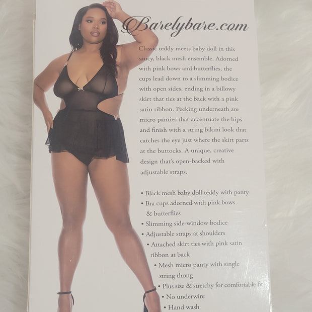 Barely Bare- Tie black baby doll teddy & thong- Plus size