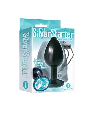 Silver Starter Bejeweled Steel Plug - Black and aqua