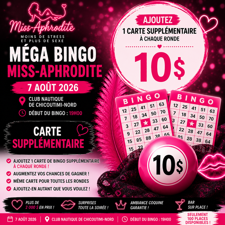 🎉 Méga Bingo Miss-Aphrodite | 7 août 2026