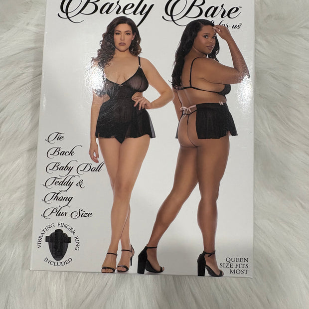 Barely Bare- Tie black baby doll teddy & thong- Plus size