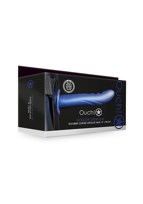 Aïe ! Strap-on texturé, incurvé et creux - 20 cm (8 po), bleu métallisé