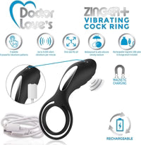 Anneau pénien vibrant et rechargeable Doctor Love Zinger + avec télécommande - Noir