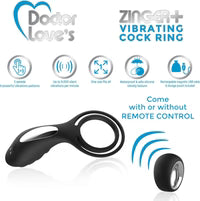 Anneau pénien vibrant et rechargeable Doctor Love Zinger + avec télécommande - Noir